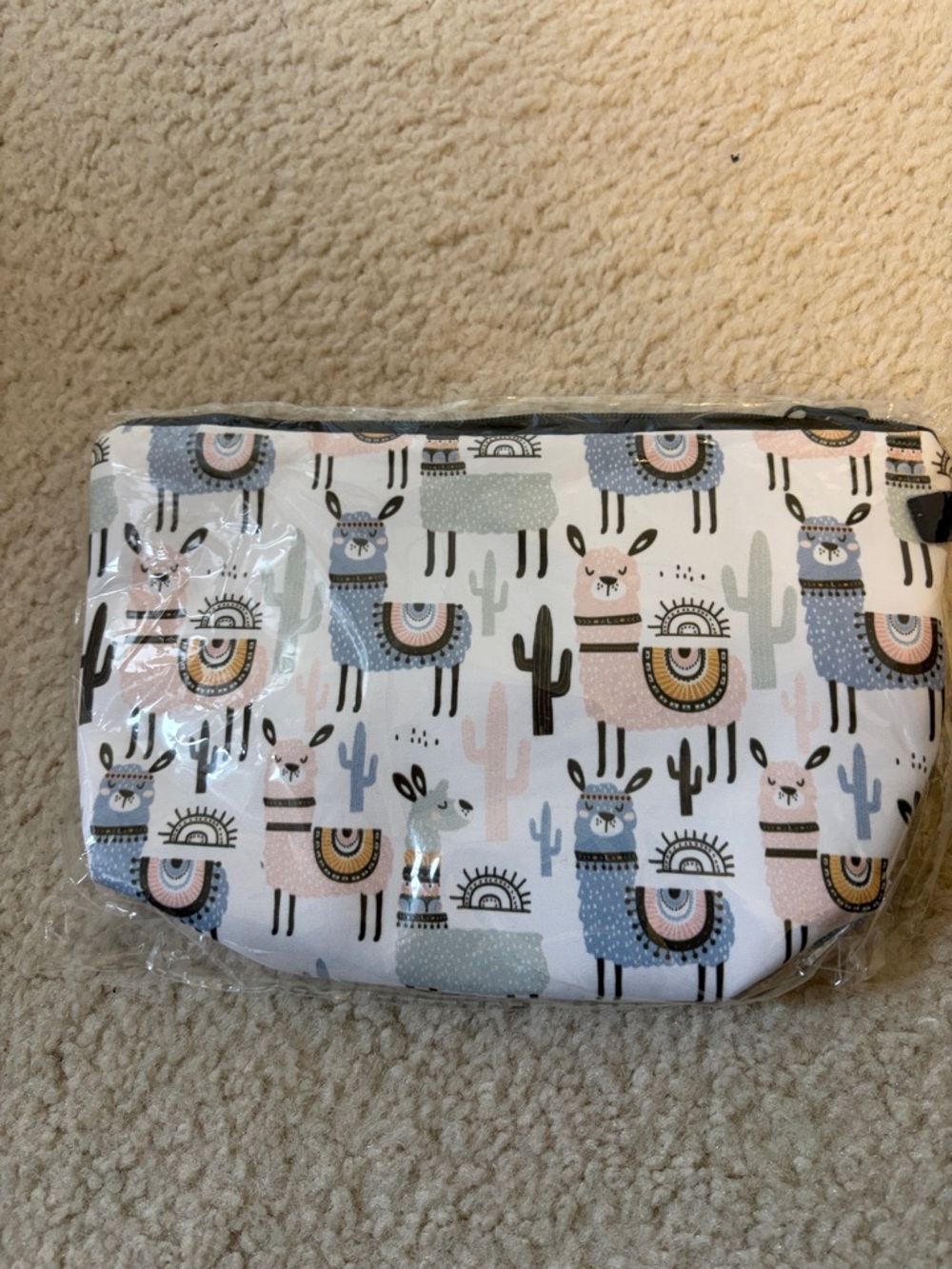 Amazon Cosmetic Bag with Pastel Pink, Blue, Gray and Black Llama Print